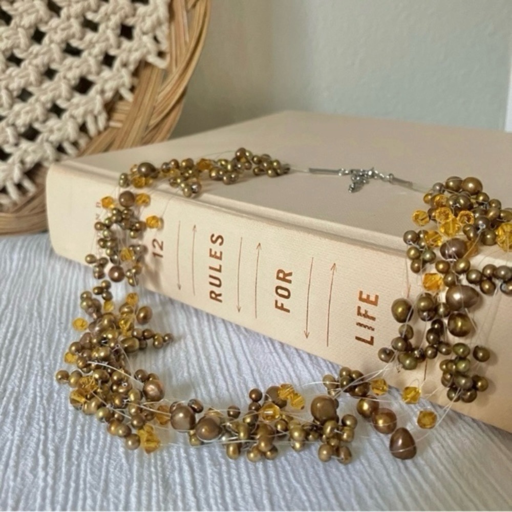 925 Amber Pearl Yellow Brown Necklace Vintage “Ambia” 17” Earthy Classic Bohemia